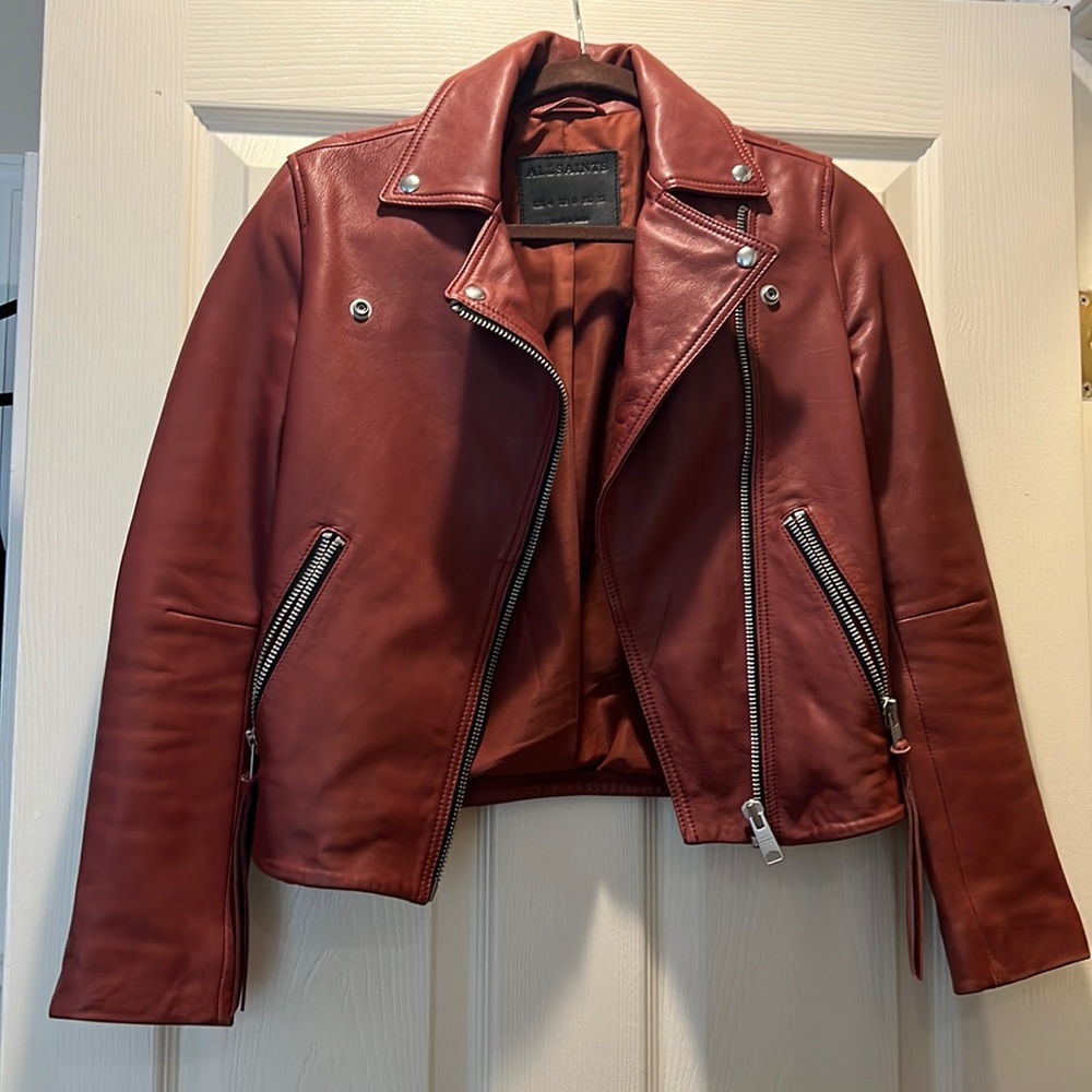 All Saints Dalby Biker Leather Jacket in Red